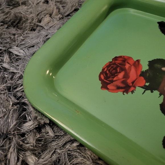 4~VTG Mid Century Modern Metal Serving Tray Teal Green Roses 14" x 9" MCM - Picture 5 of 6